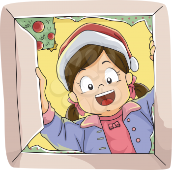 Illustration Featuring a Girl Opening Her Christmas Gift Excitedly