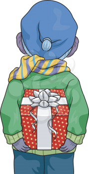 Illustration Featuring a Boy Hiding a Gift Behind His Back