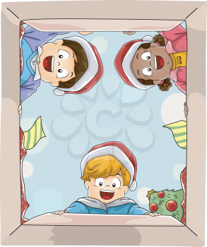 Illustration Featuring Kids Opening a Big Christmas Gift