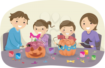 Illustration Featuring a Family Decorating Pumpkins Together