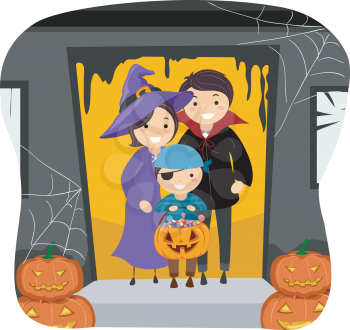 Illustration Featuring a Family Trick or Treating Together
