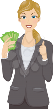 Illustration Featuring a Businesswoman Holding a Couple of Paper Bills and Doing a Thumbs Up