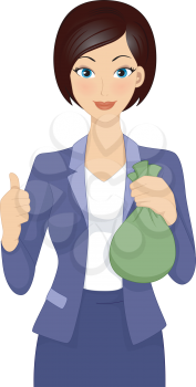 Illustration Featuring a Businesswoman Holding a Bag of Money and Doing a Thumbs Up