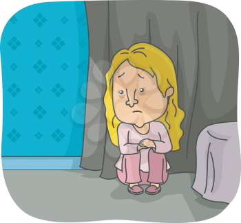 Illustration Featuring a Depressed Girl Crouching in a Corner