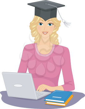 Illustration Featuring a Woman Wearing a Graduation Cap Typing Away on Her Laptop