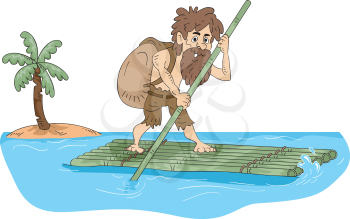 Illustration Featuring a Male Castaway Maneuvering a Bamboo Raft