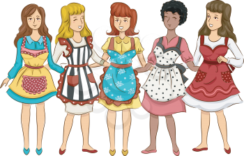 Illustration Featuring a Group of Women Wearing Aprons with Retro Designs