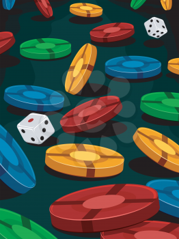 Illustration of a Pair of Dice Surrounded by Poker Chips