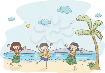 Illustration of Kids Wearing Hawaiian Costumes Dancing in the Beach
