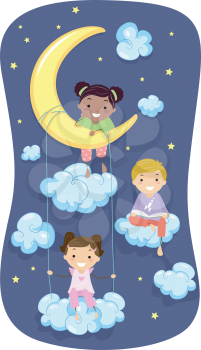 Illustration of Kids in Pajamas Surrounded by Clouds and Stars