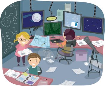 Illustration of Kids Working on Their Individual Researches in the Research Room