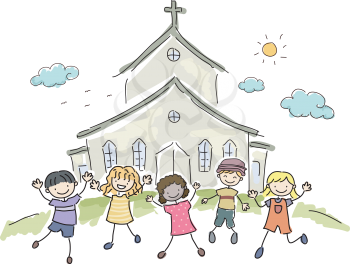 Illustration of Kids Standing Happily in Front of a Church