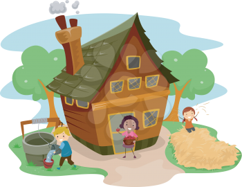 Illustration of Kids Doing Different Tasks Outside a Farm House