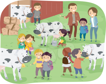 Illustration of Kids Checking Out Cows During a Field Trip in a Dairy Farm