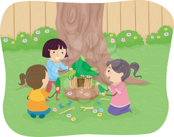 Illustration of Little Girls Building a Fairy House