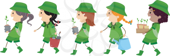 Illustration of Girl Scouts Carrying Materials Used or Planting Trees