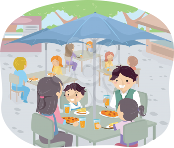 Illustration of a Family Having a Meal in an Outdoor Restaurant