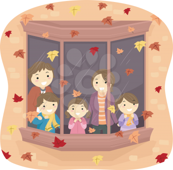 Illustration of a Family Watching Autumn Leaves Fall From Their Window