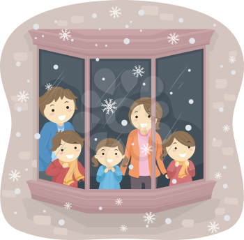 Illustration of a Family Watching the Snow Fall From Their Window