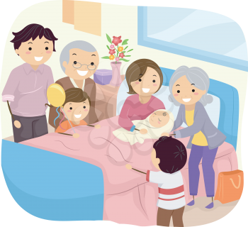 Illustration of a Family Welcoming the Birth of a New Baby