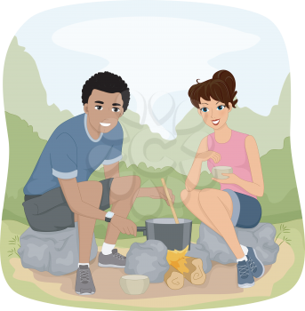 Illustration of a Couple Preparing Food While Out on a Hike