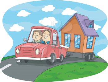 Illustration of a Couple Pulling a Mobile Home With Their Car