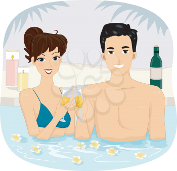Illustration of a Couple Making a Wine Toast at a Spa