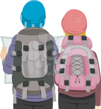 Back View Illustration of a Traveling Couple Wearing Similar Backpacks