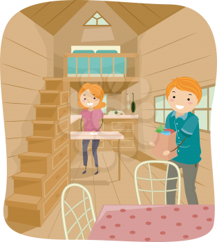 Illustration of a Couple Living in a Cute Tiny House Going About Their Daily Tasks