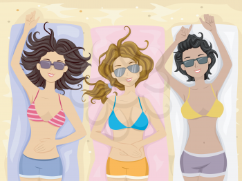 Illustration of a Group of Female Teens Sunbathing at the Beach