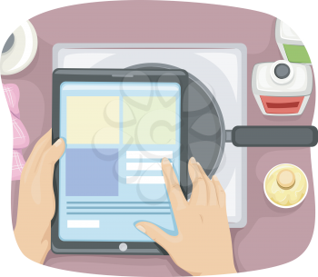 Cropped Illustration of a Cook Using a Tablet Computer to Check Recipes Online