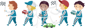 Stickman Illustration of Boys in Racing Uniforms Holding Race Car Toys