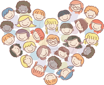 Stickman Illustration of Kids Huddled in a Heart Shaped Pattern