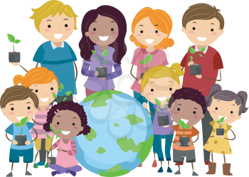 Illustration of Stickman Kids and Adults Carrying Saplings Standing Beside a Globe