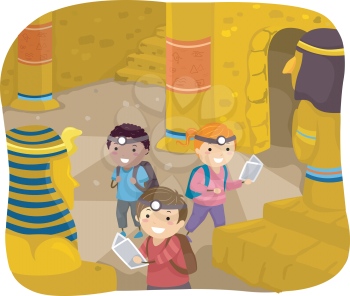 Illustration of Stickman Kids Exploring the Interior of a Pyramid