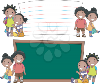 Stickman Illustration of African Kids Standing Beside Blank Boards