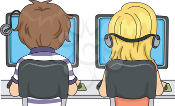 Back View Illustration of Kids Using Computers