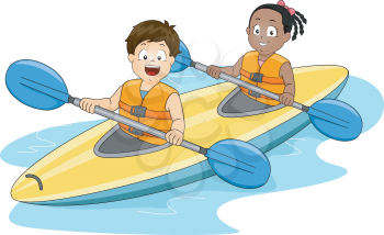 Illustration of a Boy and a Girl Maneuvering a Kayak