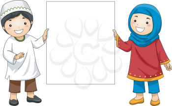 Illustration of Muslim Kids in Traditional Clothing Holding a Blank Board