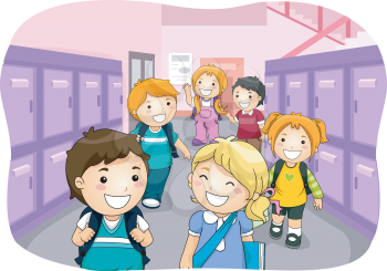 Illustration of Kids Walking Down a Hallway Lined Up With Lockers