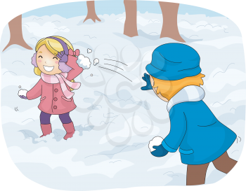 Illustration of Kids in Winter Gear Having a Snowball Fight