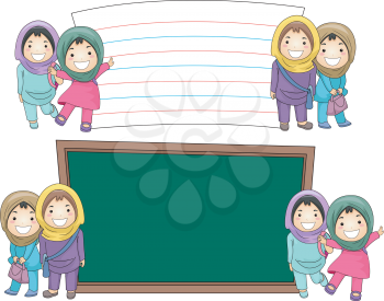 Illustration of Female Muslim Students Standing Beside Blank Boards