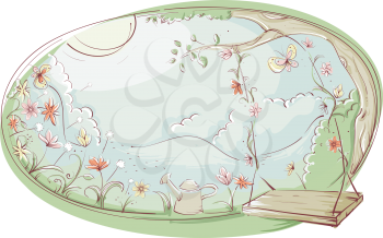 Illustration of a Wooden Swing in a Garden Filled With Flowers
