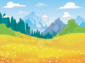 Illustration of a Mountain Field Covered With Yellow Flowers