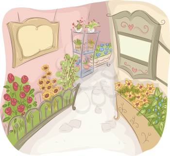Illustration of an Alley Decorated with Colorful Flowers