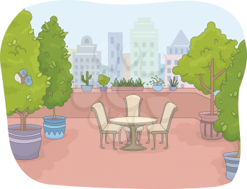 Illustration of a Rooftop Patio Surrounded by Indoor Plants