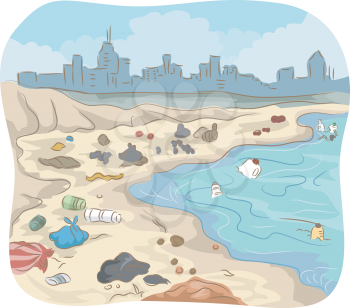 Illustration of a Polluted Shore Littered With All Sorts of Trash