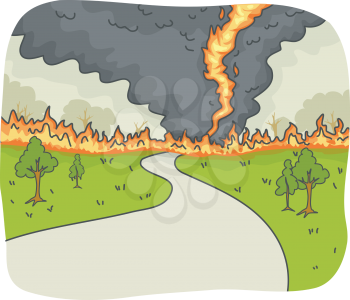 Illustration of a Tornado Fire Ravaging a Country Road