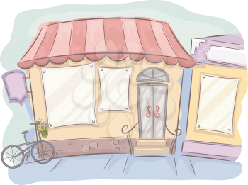 Doodly Illustration of the Facade of a Shop With a Bike Parked in Front