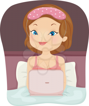 Illustration of a Girl Using Her Laptop Before Going to Bed